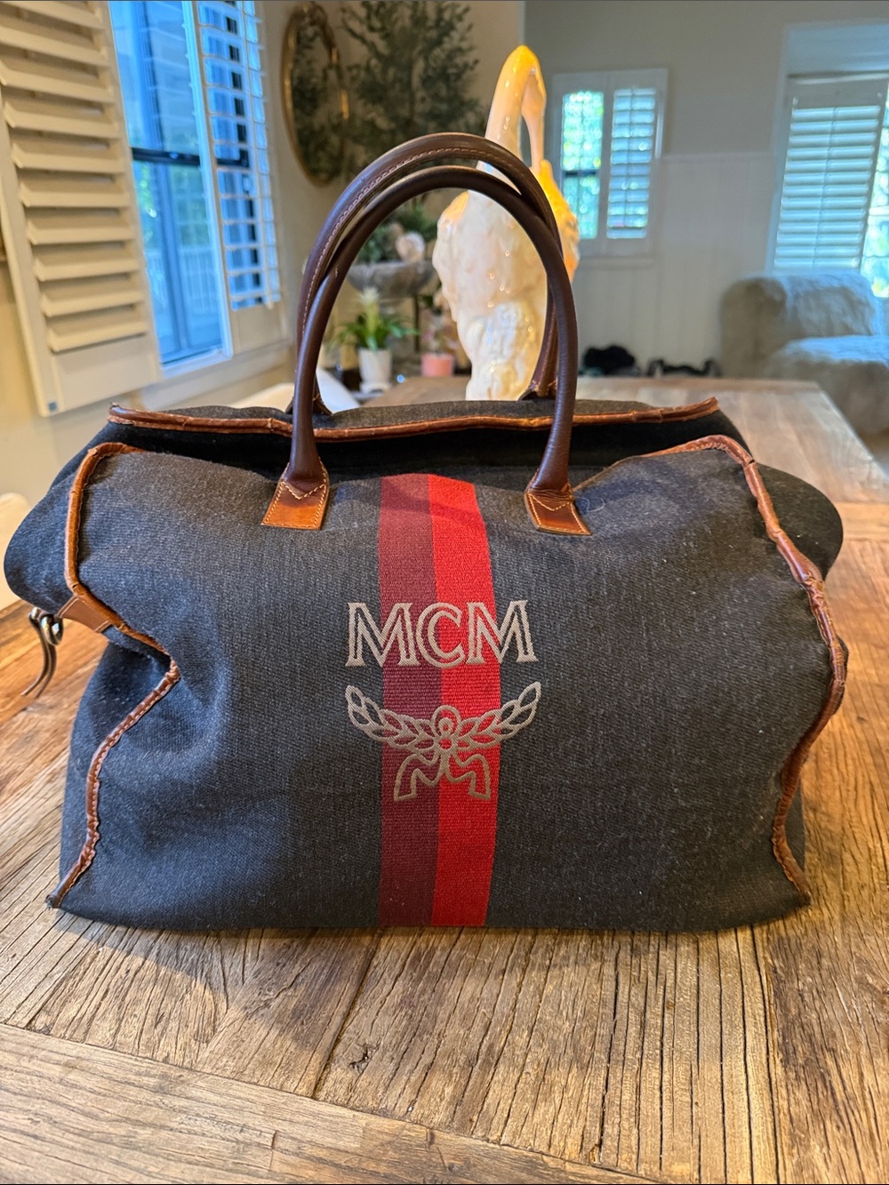 MCM Logo Dark Gray Wool Duffel with Red Center Stripe